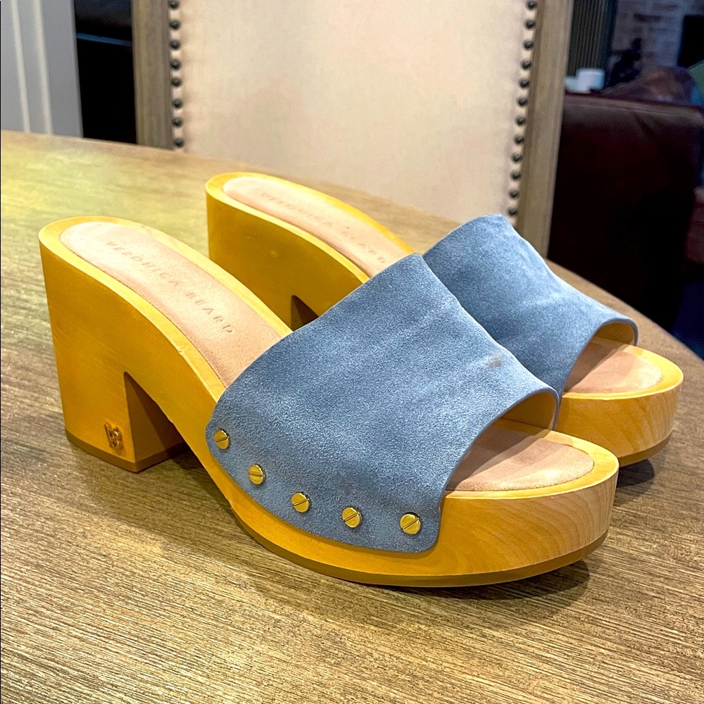 Veronica Beard Hannalee Blue Suede Wooden Clog Sandal